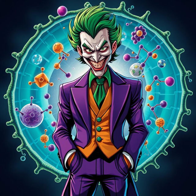 A captivating illustration of the Joker character, featuring his iconic green hair, maniacal grin, and a flamboyant purple suit, intricately blended with a highly realistic depiction of a cell membrane