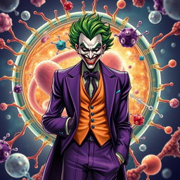 A captivating illustration of the Joker character, featuring his iconic green hair, maniacal grin, and a flamboyant purple suit, intricately blended with a highly realistic depiction of a cell membrane