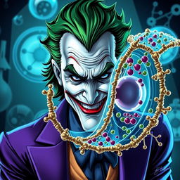 An exceptionally detailed illustration of the Joker character, featuring his signature green hair and flamboyant purple suit, portrayed alongside a highly realistic depiction of a cell membrane