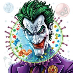 An exceptionally detailed illustration of the Joker character, featuring his signature green hair and flamboyant purple suit, portrayed alongside a highly realistic depiction of a cell membrane