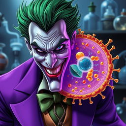 An exceptionally detailed illustration of the Joker character, featuring his signature green hair and flamboyant purple suit, portrayed alongside a highly realistic depiction of a cell membrane