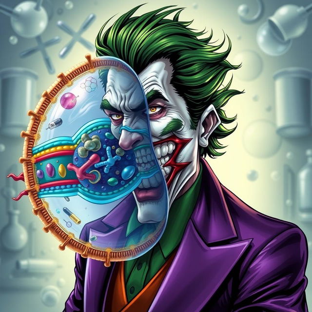 An exceptionally detailed illustration of the Joker character, featuring his signature green hair and flamboyant purple suit, portrayed alongside a highly realistic depiction of a cell membrane