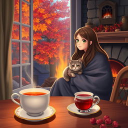 A cozy autumn evening scene depicted through a large window, showcasing a vibrant array of autumn leaves in varying colors outside