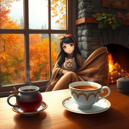 A cozy autumn evening scene depicted through a large window, showcasing a vibrant array of autumn leaves in varying colors outside