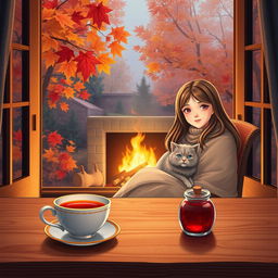 A cozy autumn evening scene depicted through a large window, showcasing a vibrant array of autumn leaves in varying colors outside