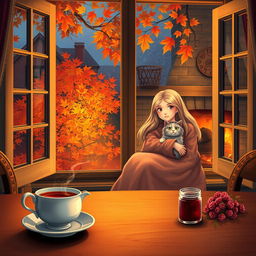 A cozy autumn evening scene depicted through a large window, showcasing a vibrant array of autumn leaves in varying colors outside