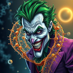 An extraordinary illustration of the Joker character, depicted with striking green hair and a flamboyant purple suit, intricately intertwined with a hyper-realistic representation of a cell membrane