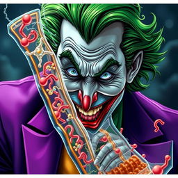 An extraordinary illustration of the Joker character, depicted with striking green hair and a flamboyant purple suit, intricately intertwined with a hyper-realistic representation of a cell membrane