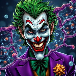 An extraordinary illustration of the Joker character, depicted with striking green hair and a flamboyant purple suit, intricately intertwined with a hyper-realistic representation of a cell membrane