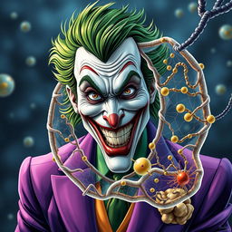 An extraordinary illustration of the Joker character, depicted with striking green hair and a flamboyant purple suit, intricately intertwined with a hyper-realistic representation of a cell membrane