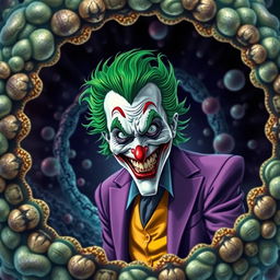 An imaginative depiction of the Joker, characterized by his wild green hair and flamboyant purple suit, positioned against a backdrop of an incredibly realistic cell membrane