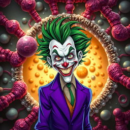 An imaginative depiction of the Joker, characterized by his wild green hair and flamboyant purple suit, positioned against a backdrop of an incredibly realistic cell membrane