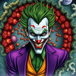 An imaginative depiction of the Joker, characterized by his wild green hair and flamboyant purple suit, positioned against a backdrop of an incredibly realistic cell membrane