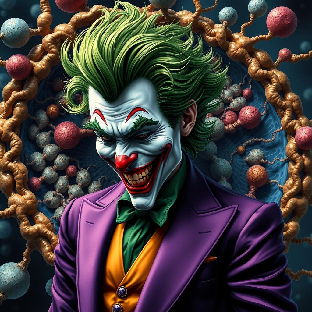 An imaginative depiction of the Joker, characterized by his wild green hair and flamboyant purple suit, positioned against a backdrop of an incredibly realistic cell membrane