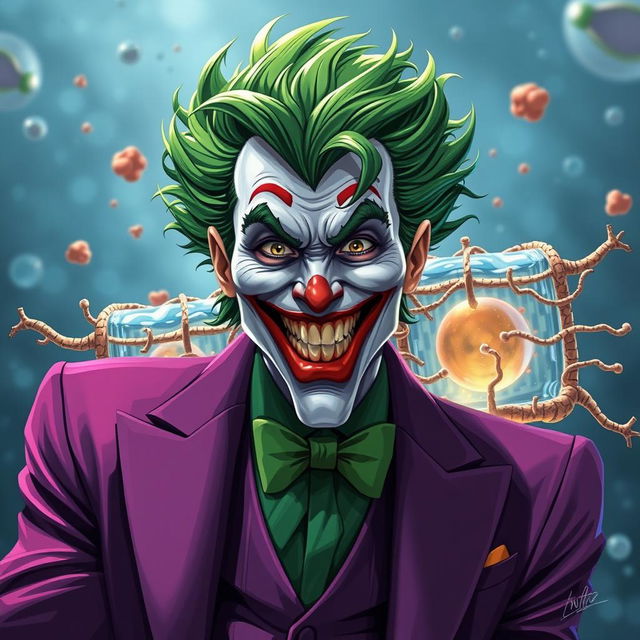 A captivating illustration of the Joker, characterized by his wild green hair and vibrant purple suit, creatively interacting with a depiction of a cell membrane