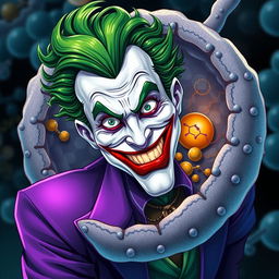 A captivating illustration of the Joker, characterized by his wild green hair and vibrant purple suit, creatively interacting with a depiction of a cell membrane