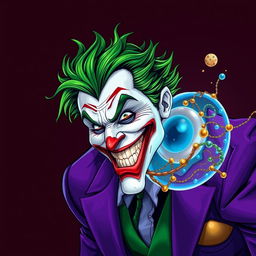 A captivating illustration of the Joker, characterized by his wild green hair and vibrant purple suit, creatively interacting with a depiction of a cell membrane