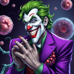 A captivating illustration of the Joker, characterized by his wild green hair and vibrant purple suit, creatively interacting with a depiction of a cell membrane