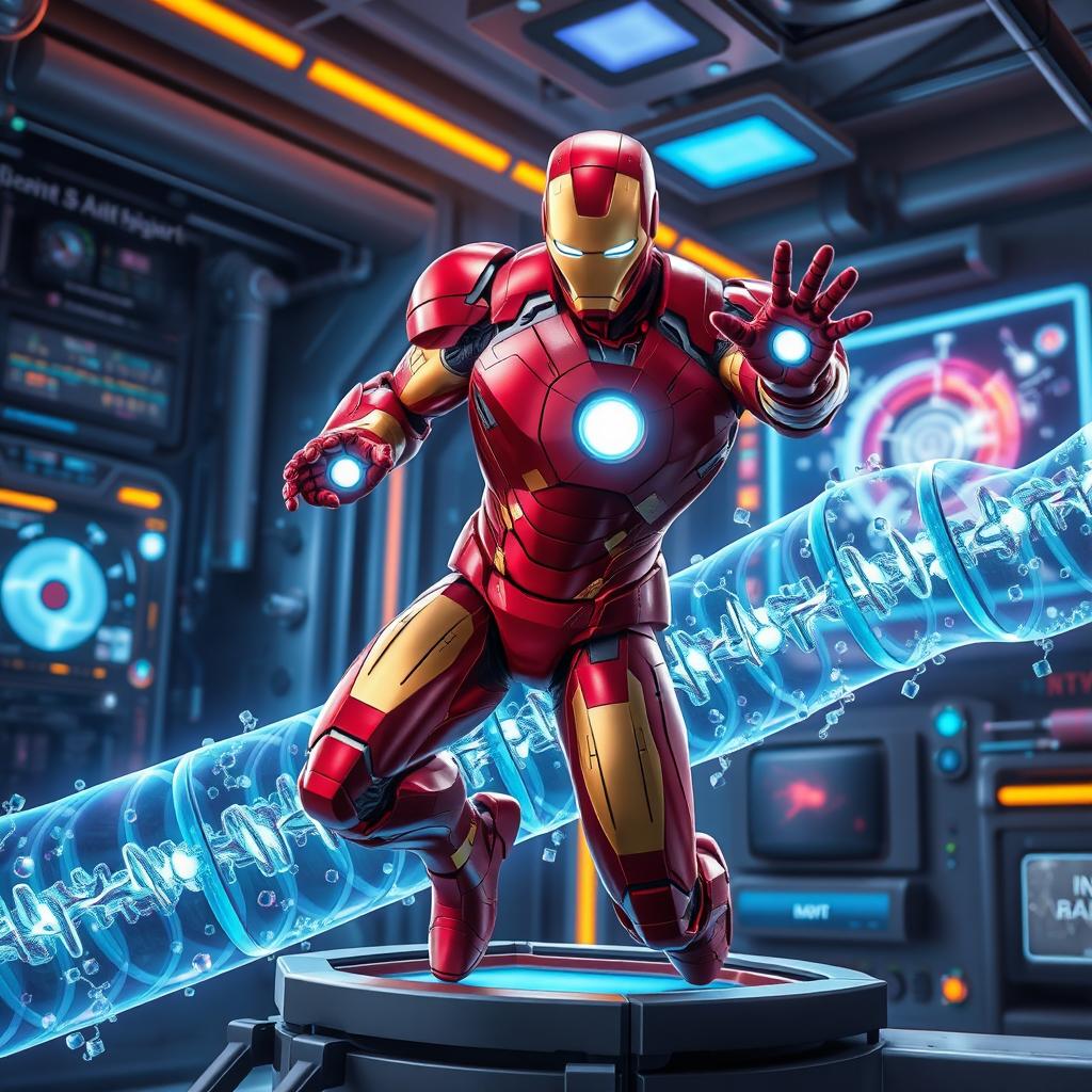 Iron Man, clad in his iconic red and gold suit, is depicted in a dynamic pose within a futuristic laboratory, engaging in the active transport of a cellular membrane