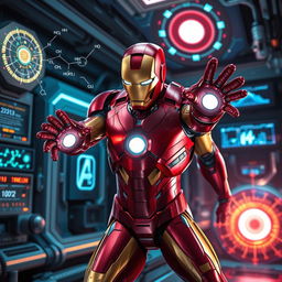 Iron Man, clad in his iconic red and gold suit, is depicted in a dynamic pose within a futuristic laboratory, engaging in the active transport of a cellular membrane