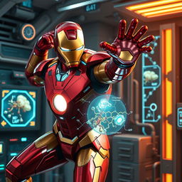 Iron Man, clad in his iconic red and gold suit, is depicted in a dynamic pose within a futuristic laboratory, engaging in the active transport of a cellular membrane