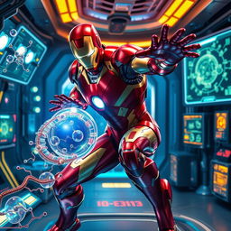 Iron Man, clad in his iconic red and gold suit, is depicted in a dynamic pose within a futuristic laboratory, engaging in the active transport of a cellular membrane