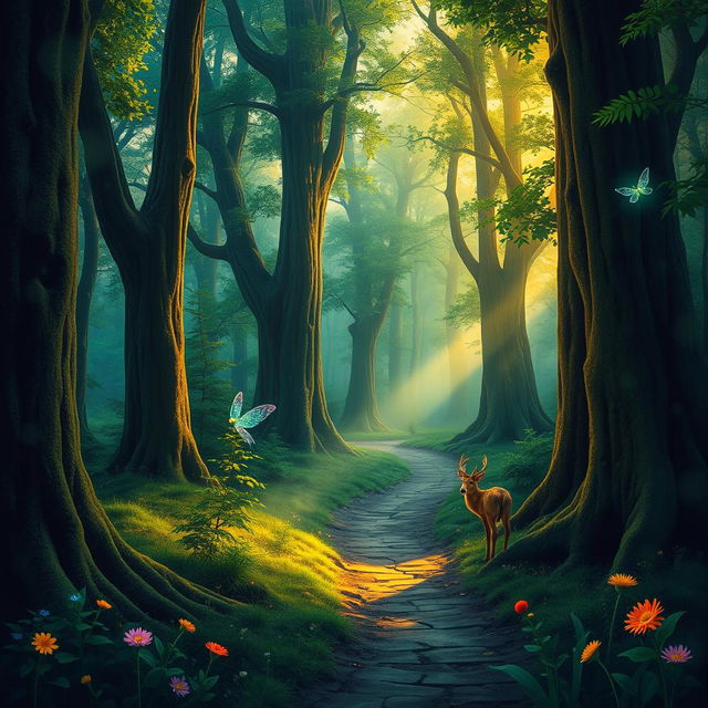 A mystical forest at dawn, vibrant colors of green and gold illuminated by soft sunlight filtering through the dense foliage