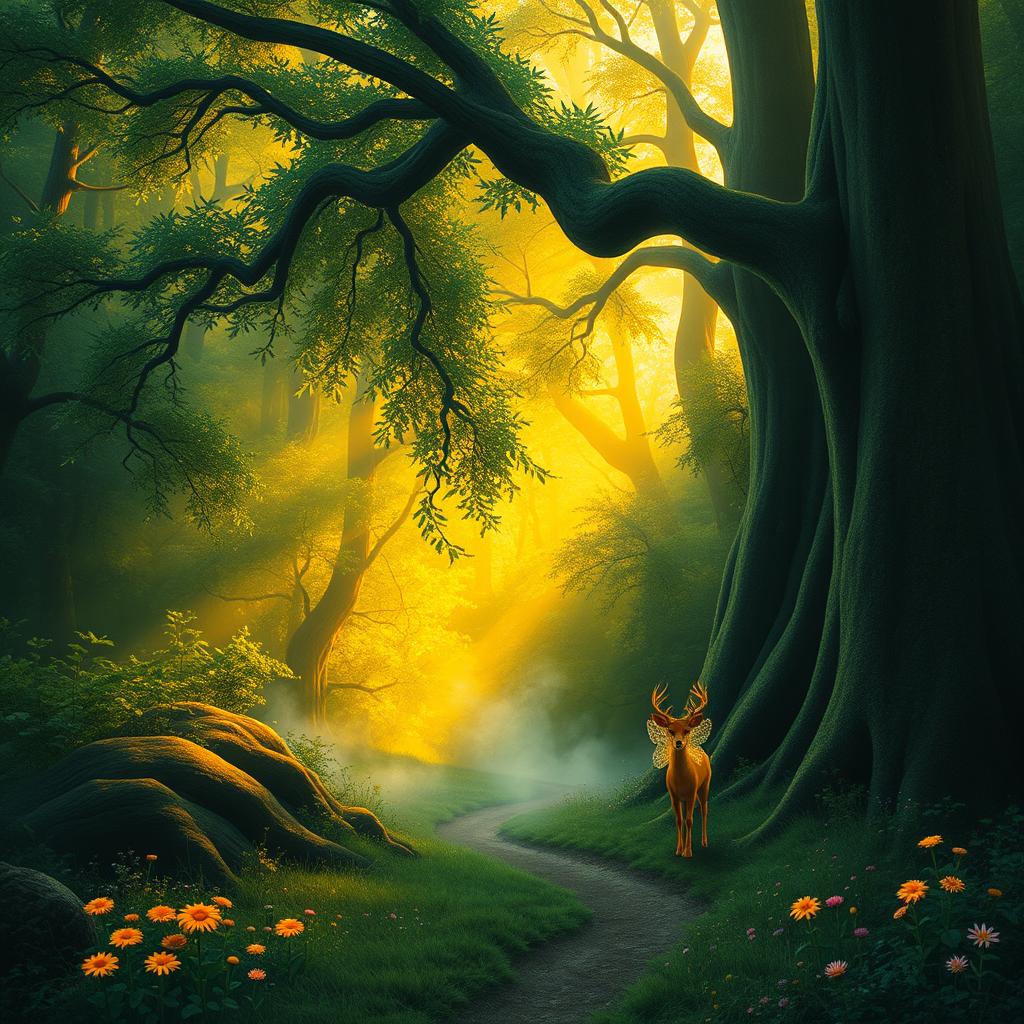 A mystical forest at dawn, vibrant colors of green and gold illuminated by soft sunlight filtering through the dense foliage