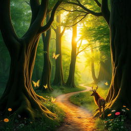 A mystical forest at dawn, vibrant colors of green and gold illuminated by soft sunlight filtering through the dense foliage