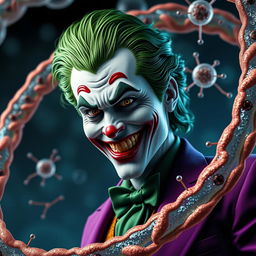 A hyper-realistic depiction of the Joker, showcasing his iconic green hair and flamboyant purple suit, seamlessly integrated with an ultra-detailed cell membrane