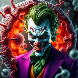 A hyper-realistic depiction of the Joker, showcasing his iconic green hair and flamboyant purple suit, seamlessly integrated with an ultra-detailed cell membrane