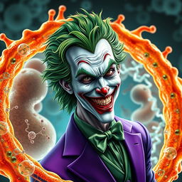 A hyper-realistic depiction of the Joker, showcasing his iconic green hair and flamboyant purple suit, seamlessly integrated with an ultra-detailed cell membrane