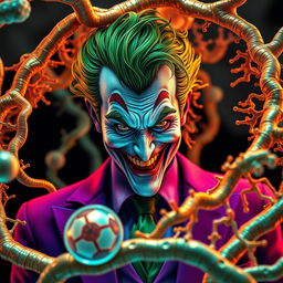 A hyper-realistic depiction of the Joker, showcasing his iconic green hair and flamboyant purple suit, seamlessly integrated with an ultra-detailed cell membrane