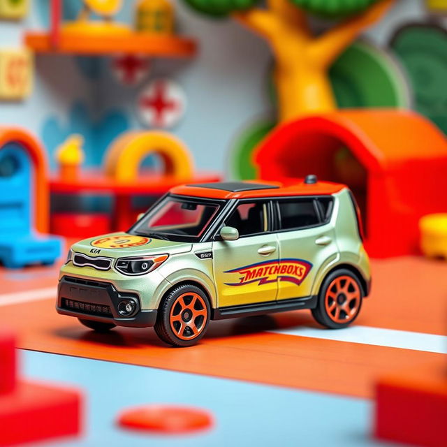 A miniature die-cast model car of a Kia Soul, designed in the style of a Matchbox toy