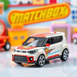 A miniature die-cast model car of a Kia Soul, designed in the style of a Matchbox toy