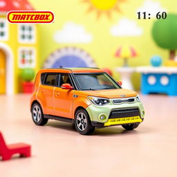 A miniature die-cast model car of a Kia Soul, designed in the style of a Matchbox toy