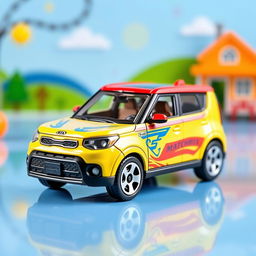 A miniature die-cast model car of a Kia Soul, designed in the style of a Matchbox toy