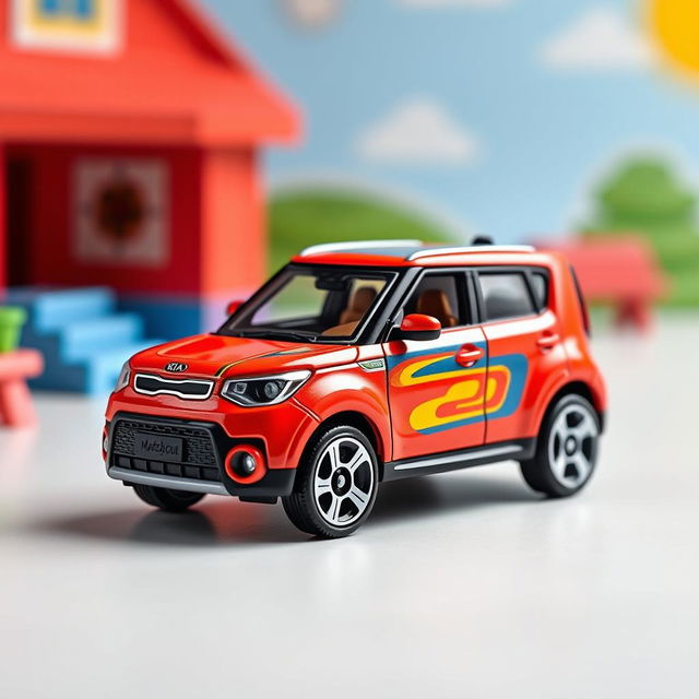 A miniature die-cast model car of a Kia Soul, designed in the style of a Matchbox toy, in 1:64 scale