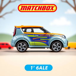 A miniature die-cast model car of a Kia Soul, designed in the style of a Matchbox toy, in 1:64 scale