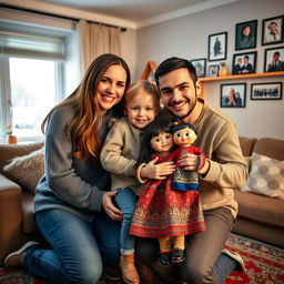 A heartwarming scene depicting a Russian family of four, consisting of two parents – a mother with long brown hair and a father with short black hair, both smiling warmly, and their biological children, a boy and a girl, embracing a newly adopted child from Kazakhstan