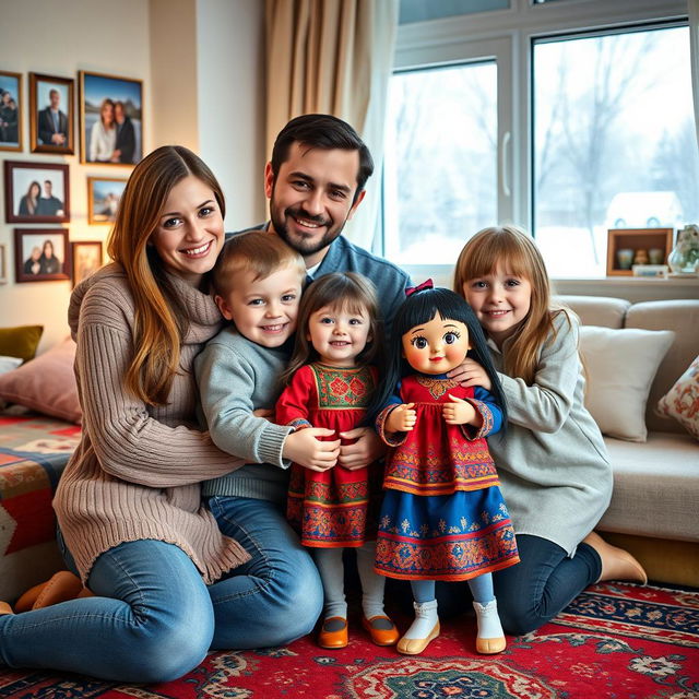 A heartwarming scene depicting a Russian family of four, consisting of two parents – a mother with long brown hair and a father with short black hair, both smiling warmly, and their biological children, a boy and a girl, embracing a newly adopted child from Kazakhstan