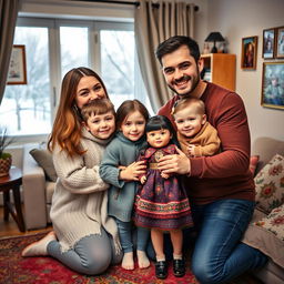 A heartwarming scene depicting a Russian family of four, consisting of two parents – a mother with long brown hair and a father with short black hair, both smiling warmly, and their biological children, a boy and a girl, embracing a newly adopted child from Kazakhstan