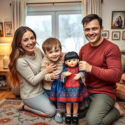 A heartwarming scene depicting a Russian family of four, consisting of two parents – a mother with long brown hair and a father with short black hair, both smiling warmly, and their biological children, a boy and a girl, embracing a newly adopted child from Kazakhstan