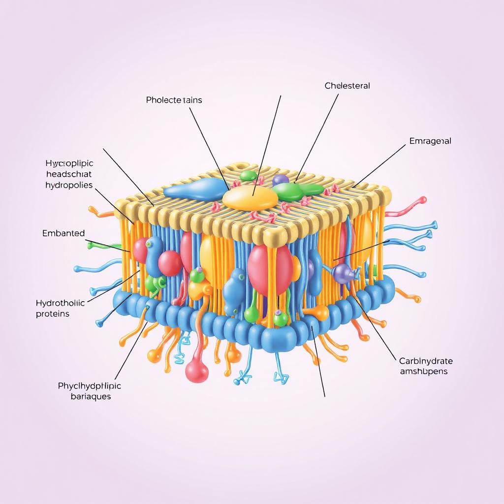 A detailed and scientifically accurate illustration of a cell membrane, showcasing its intricate structure