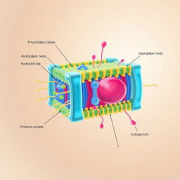 A detailed and scientifically accurate illustration of a cell membrane, showcasing its intricate structure