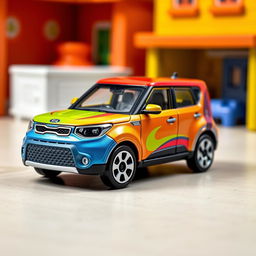 A miniature die-cast model car of a Kia Soul, designed in the style of a Matchbox toy, with a 1:64 scale, featuring realistic Matchbox-style wheels, showcasing the unique shape of the Kia Soul with a vibrant, colorful paint job