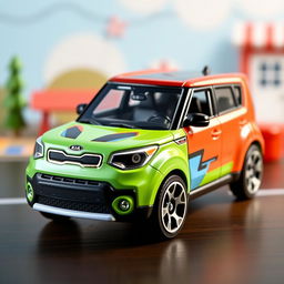 A miniature die-cast model car of a Kia Soul, designed in the style of a Matchbox toy, with a 1:64 scale, featuring realistic Matchbox-style wheels, showcasing the unique shape of the Kia Soul with a vibrant, colorful paint job