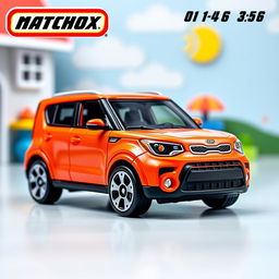 A miniature die-cast model car of a Kia Soul, designed in the style of a Matchbox toy, with a 1:64 scale, featuring realistic Matchbox-style wheels, showcasing the unique shape of the Kia Soul with a vibrant, colorful paint job