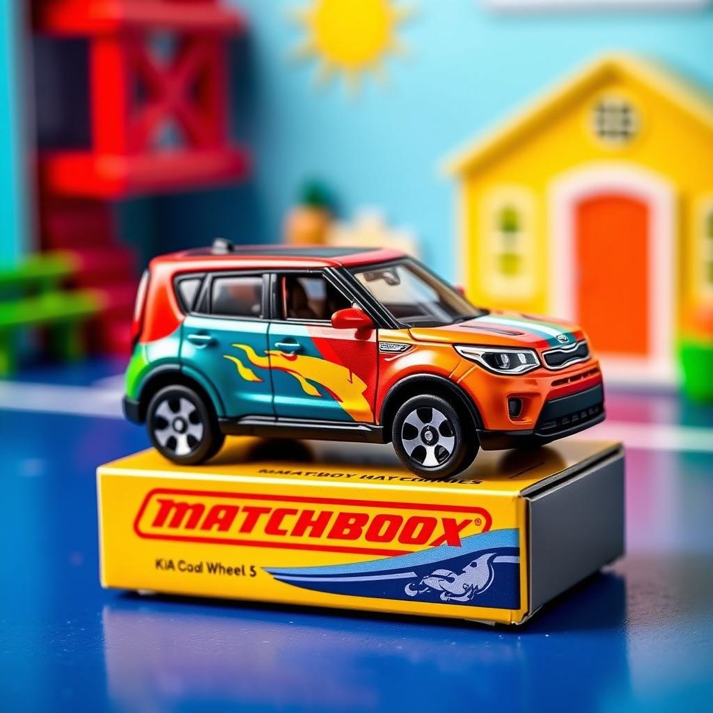 A miniature die-cast model car of a Kia Soul, designed in the style of a Matchbox toy, with a 1:64 scale, featuring realistic Matchbox-style wheels, showcasing the unique shape of the Kia Soul with a vibrant, colorful paint job