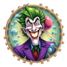 An imaginative illustration featuring the Joker, embodying his signature green hair and purple suit, prominently integrated within a detailed depiction of a cell membrane